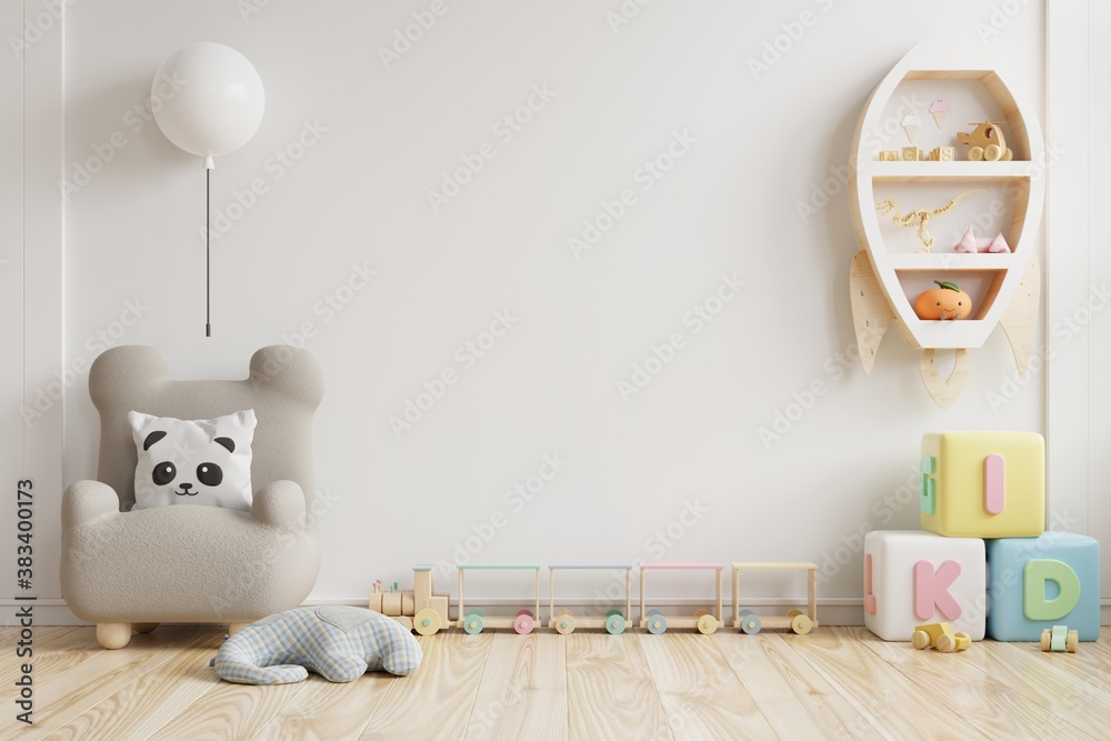 Mockup wall in the childrens room on wall white colors background.