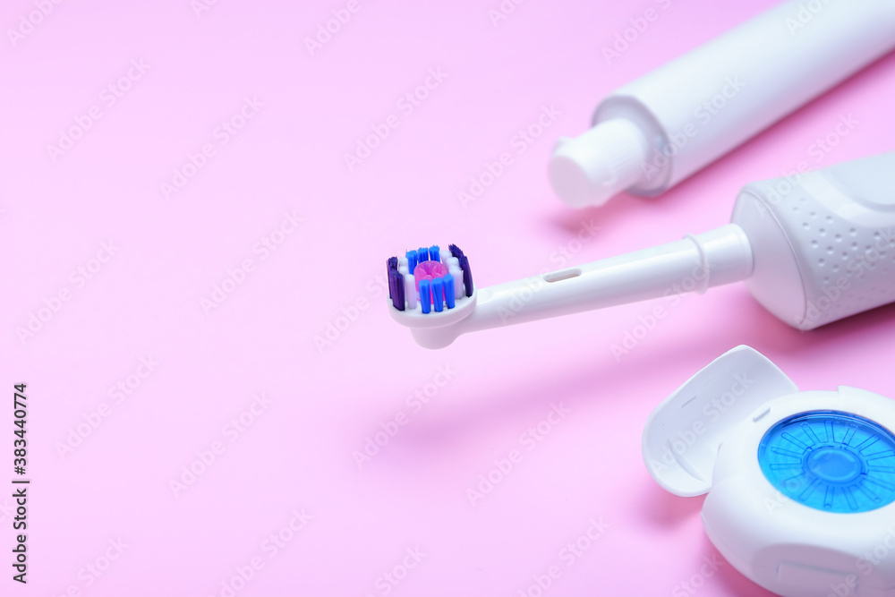 Set for oral hygiene on color background