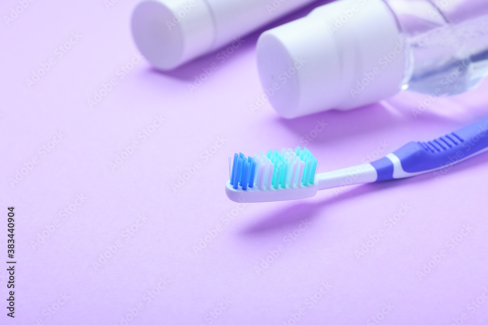 Set for oral hygiene on color background