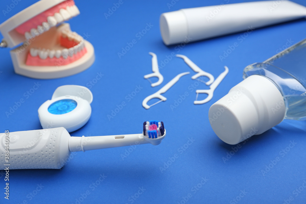 Set for oral hygiene on color background