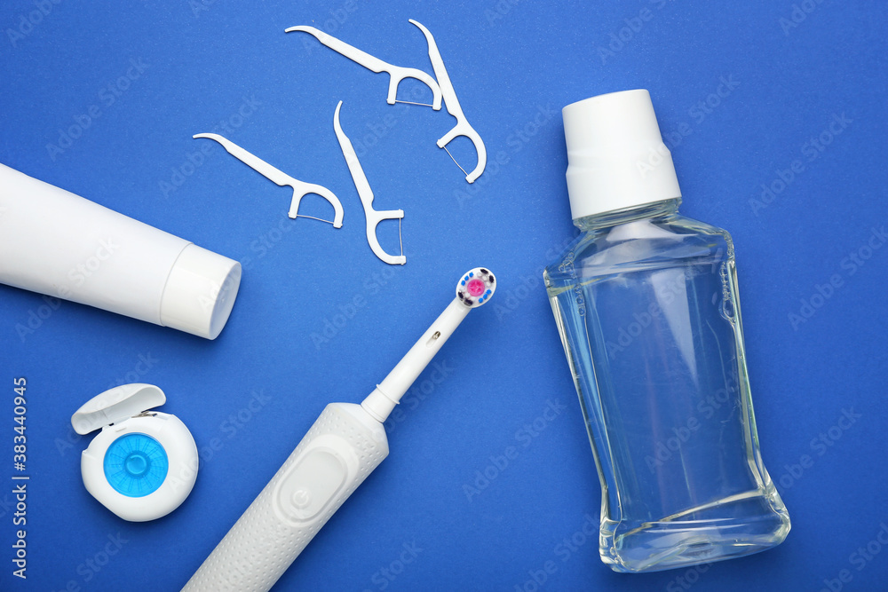 Set for oral hygiene on color background