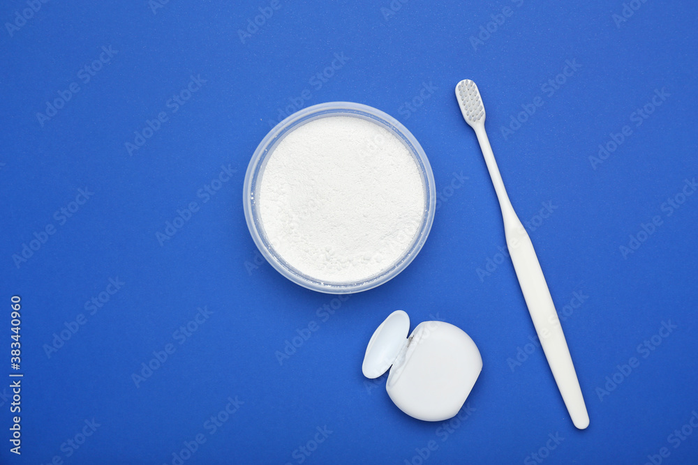 Set for oral hygiene on color background