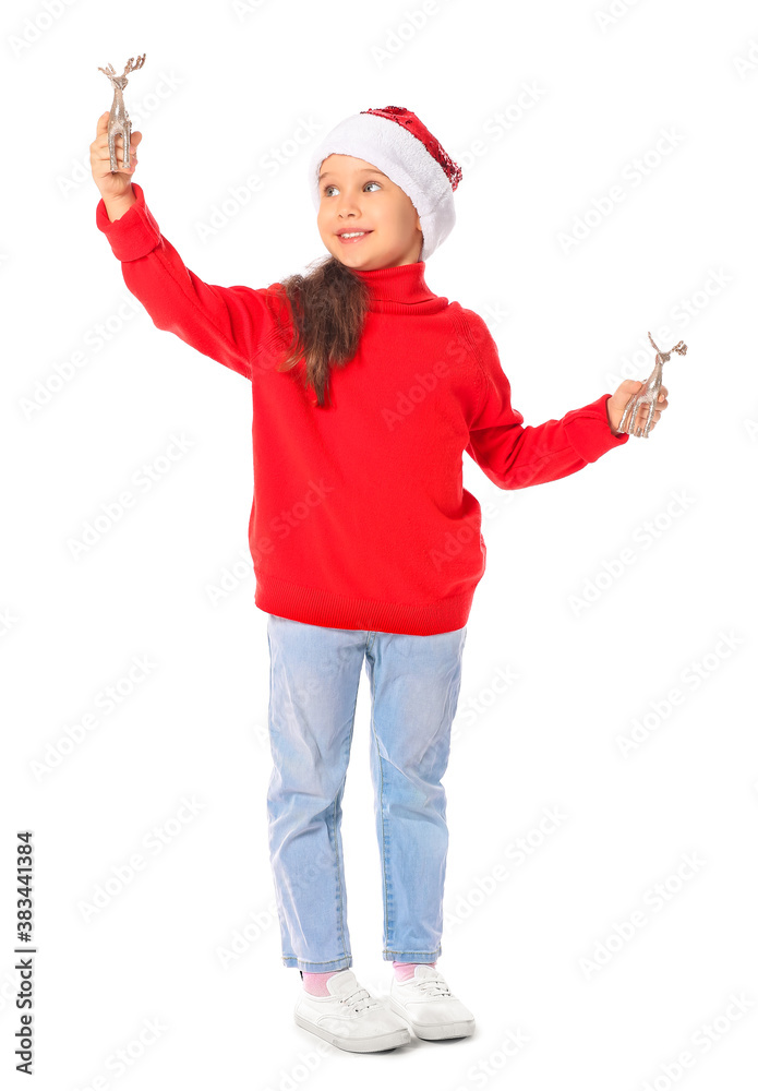 Cute little girl in Santa hat on white background