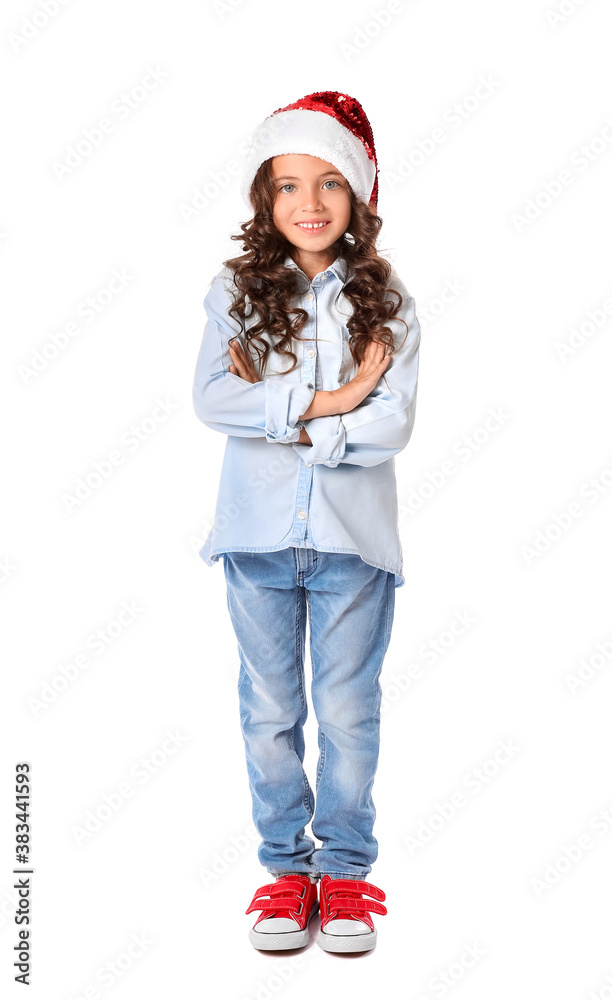 Cute little girl in Santa hat on white background