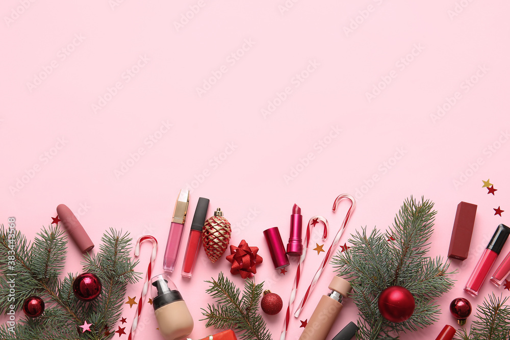 Christmas composition with cosmetics on color background