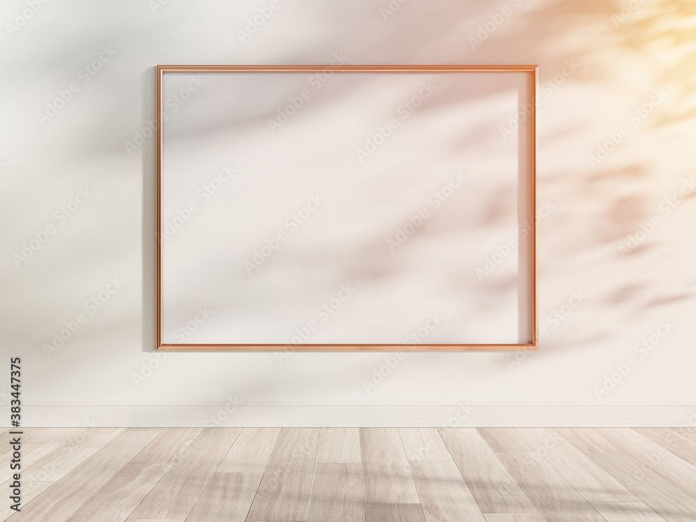 Golden frame hanging in bright interior mockup. Template of a picture framed on a wall 3D rendering