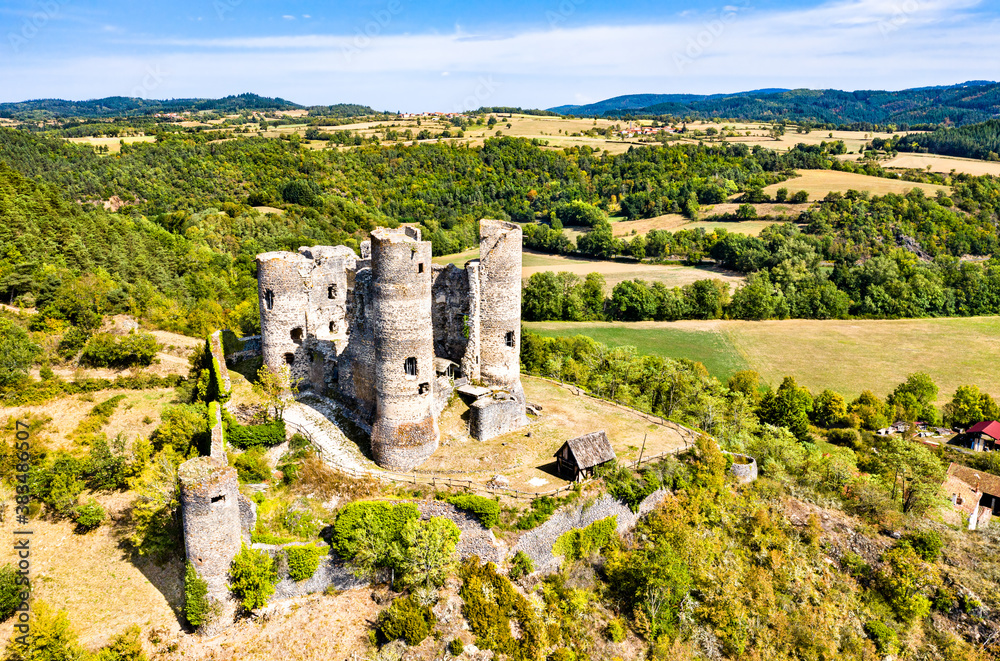 Aerial view of the ruins of Domeyrat Castle in Auvergne, France