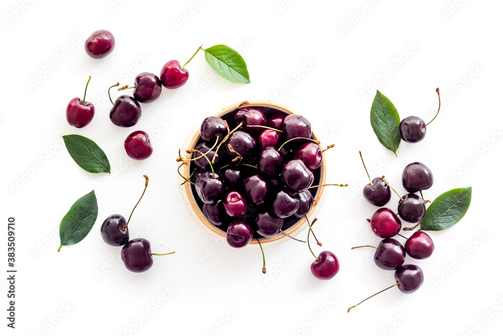 Ripe juicy cherries berries background. Overhead view, flat lay