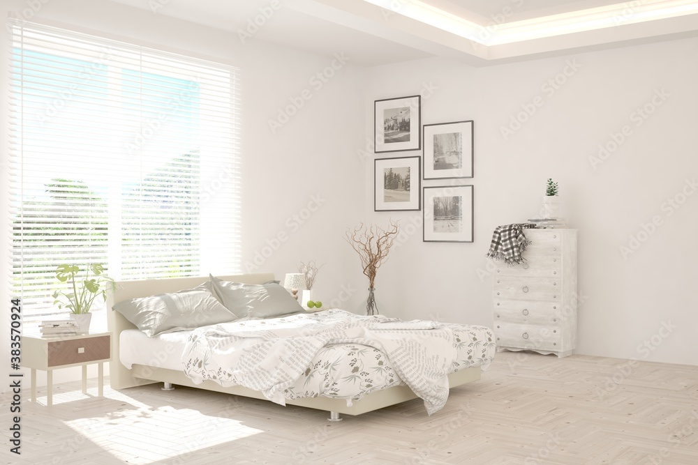 White bedroom interior. Scandinavian design. 3D illustration