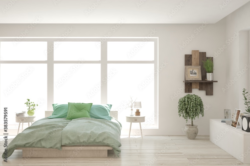 White bedroom interior. Scandinavian design. 3D illustration