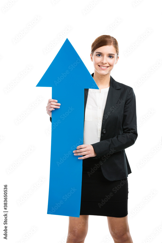 Business woman holding a blue arrow