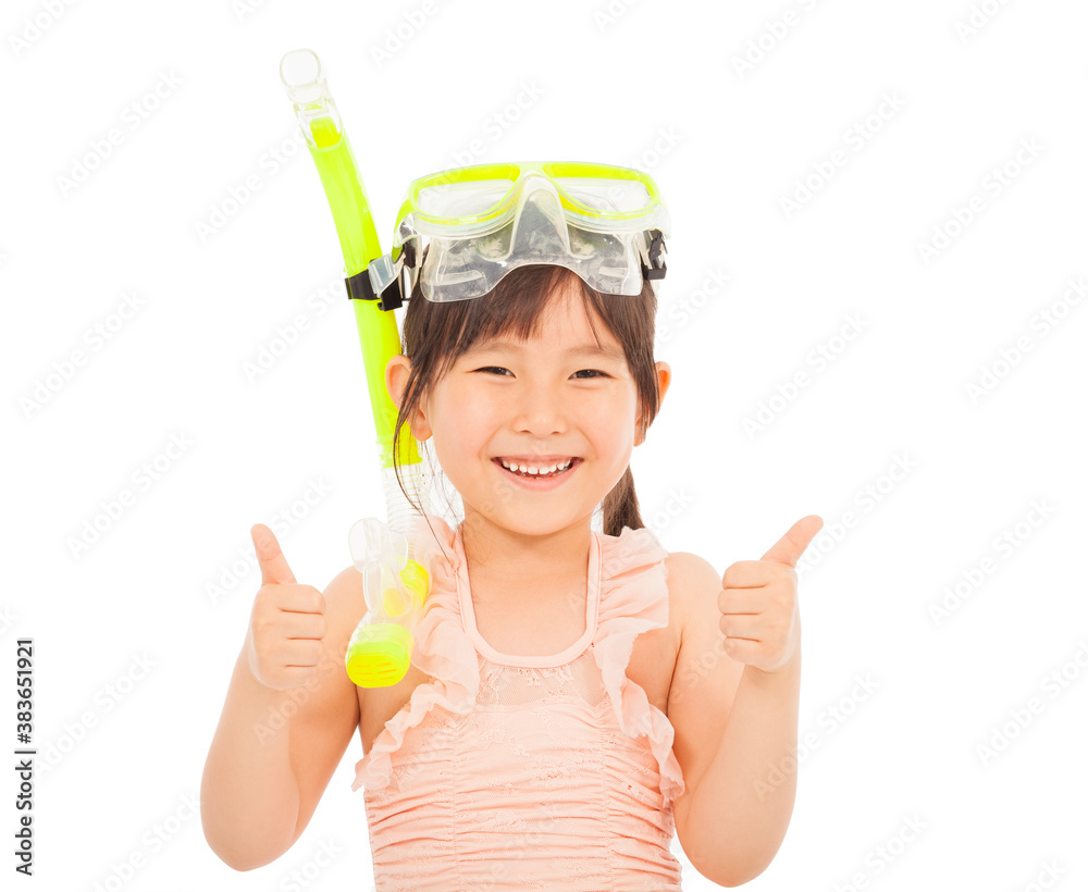 happy  little girl wearing swimsuit with thumb up