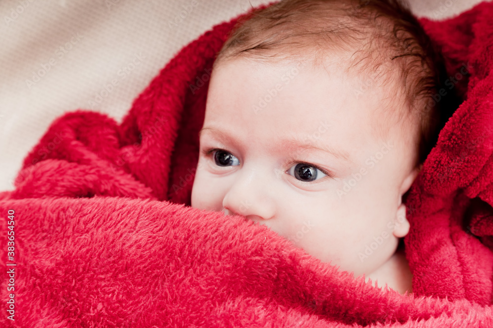 Lovely 3 months baby lying on bed covered with red blanket.