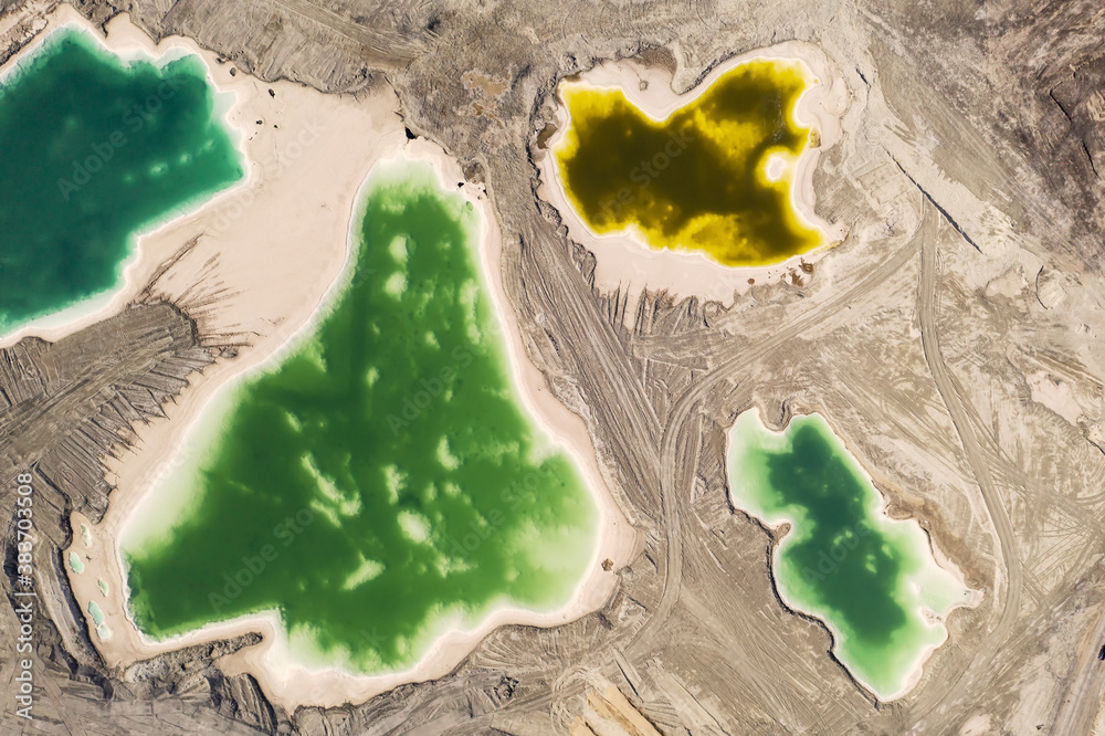 Aerial of salt lakes, natural landscape in Qinghai, China.