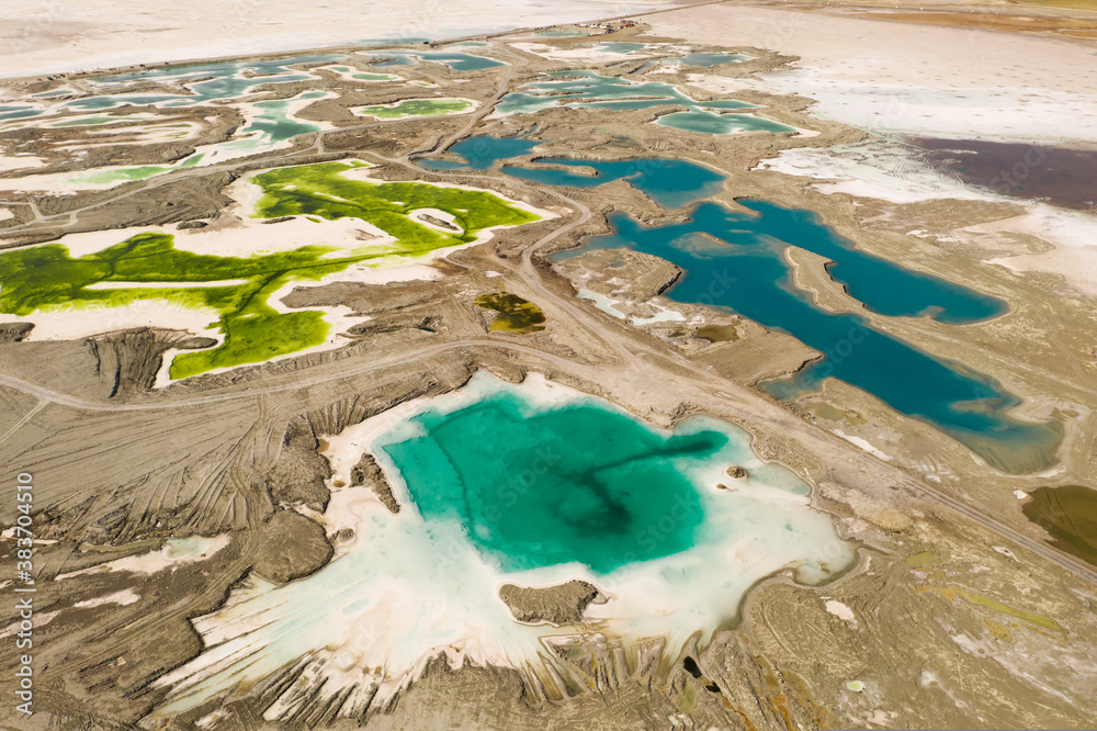 Aerial of salt lakes, natural landscape in Qinghai, China.