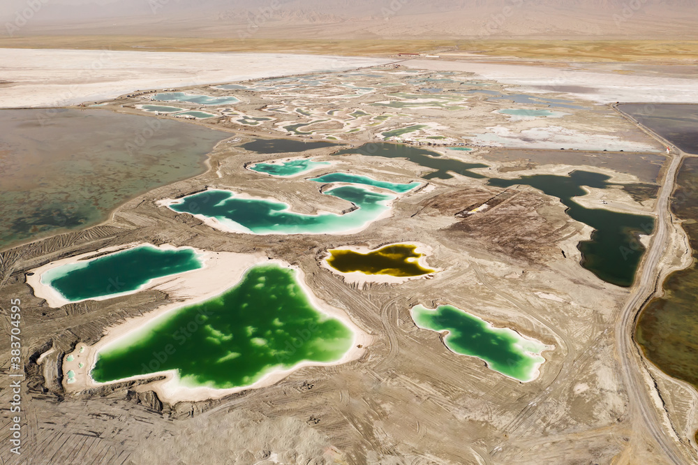 Aerial of salt lakes, natural landscape in Qinghai, China.