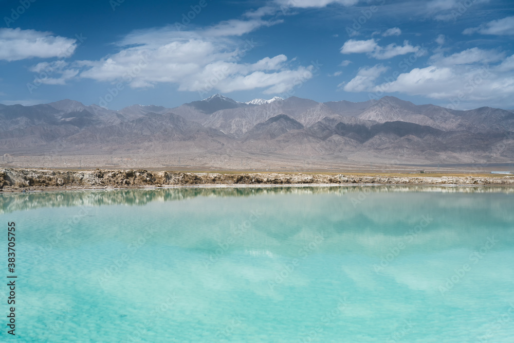 Salt lake and mountains, natural scenery in Qinghai, China.