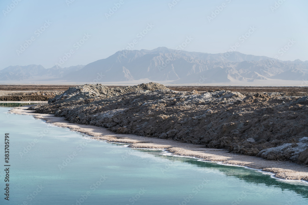 Salt lake and mountains, natural scenery in Qinghai, China.