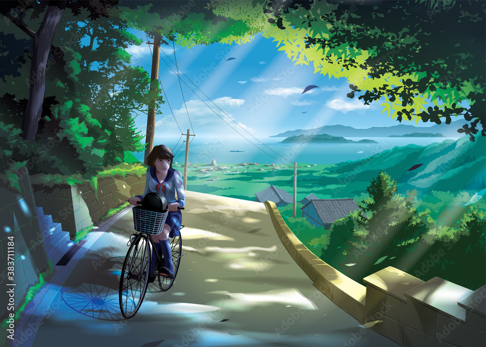 vector illustration in an anime style of a Japanese girl student rides a bicycle on a road in the co