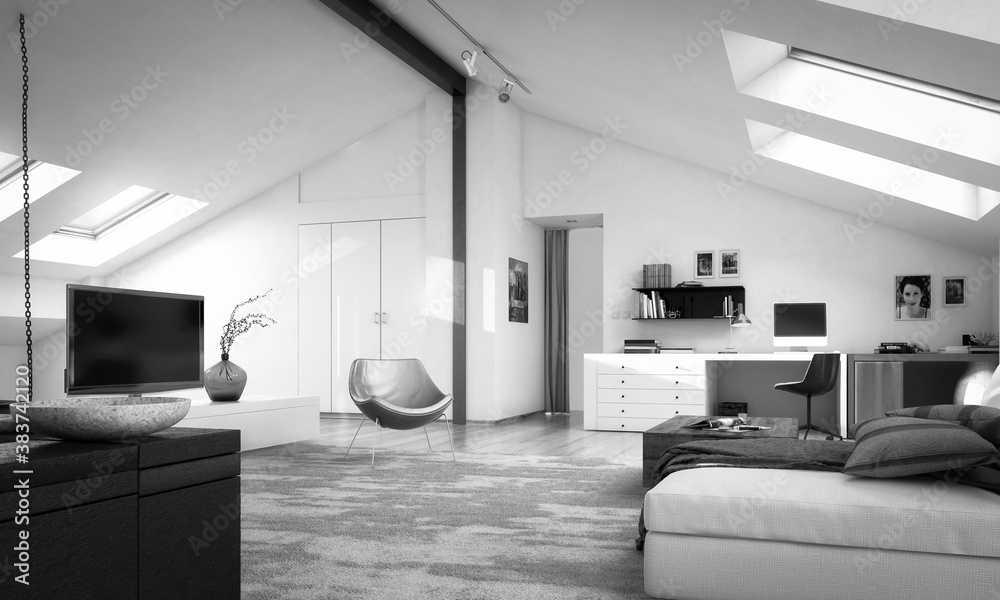 Refurbished Attic Apartment - black and white 3d visualization