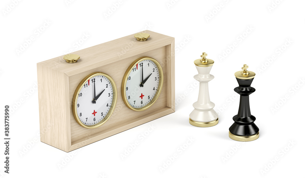 Chess kings and chess clock on white background