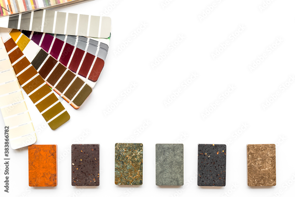 Choosing flooring and furniture materials samples with color scheme. Top view