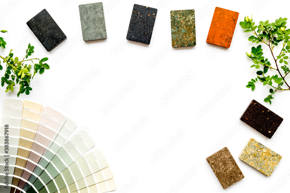 Boards samples with color scheme for furniture design interior. Overhead view