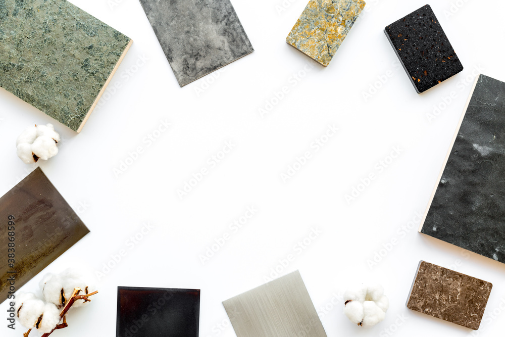 Choosing cabinet panel and countertop material with color scheme. Above view