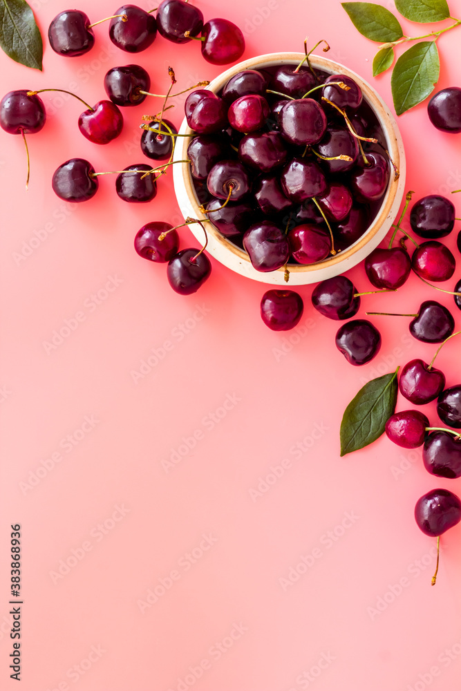 Frame of red cherries, berries background. Overhead view