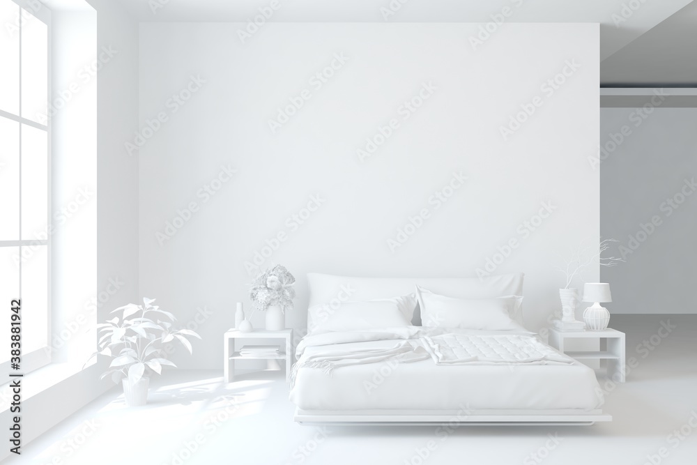 Modern bedroom in white color. Scandinavian interior design. 3D illustration