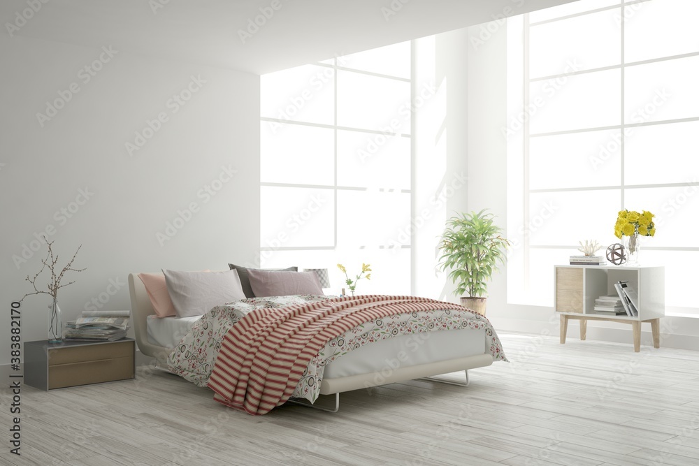 White bedroom interior. Scandinavian design. 3D illustration