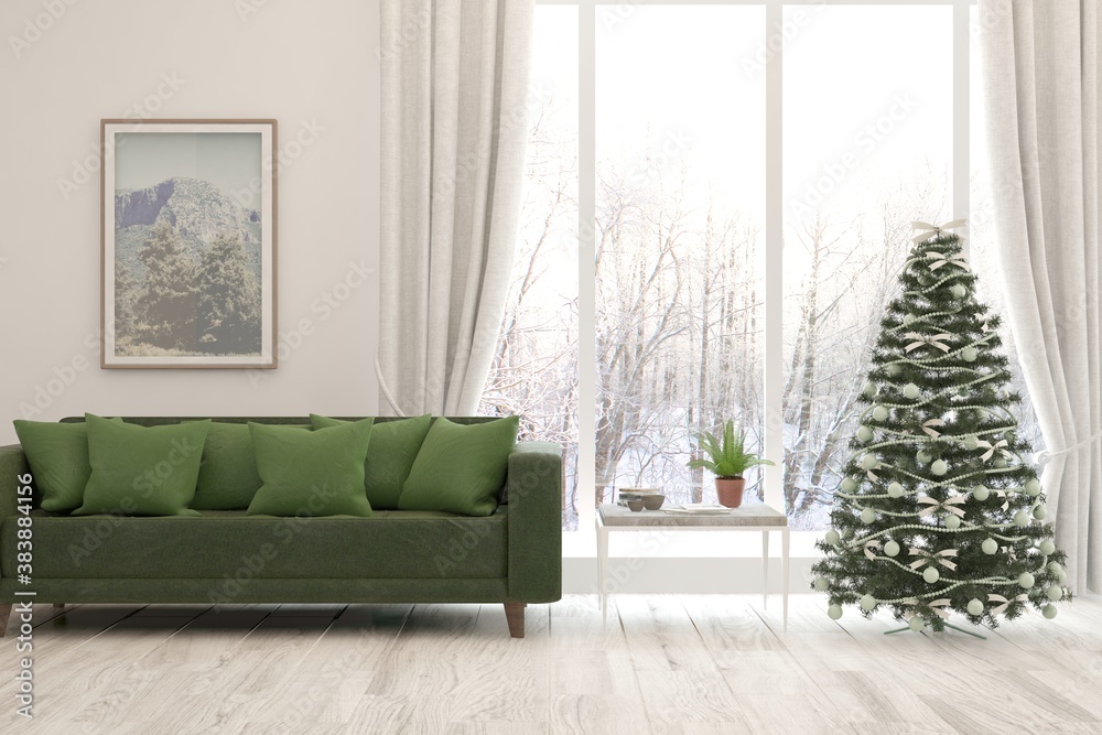 Winter new year interior of living room with sofa. Scandinavian design. 3D illustration