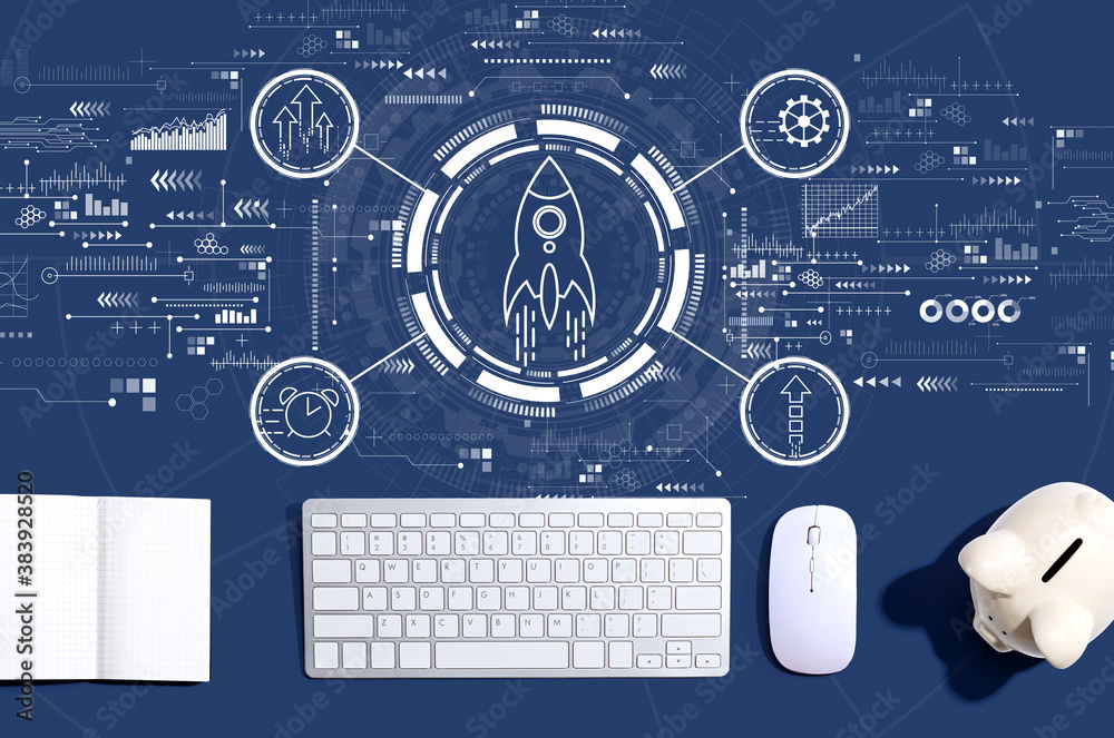 Rapid growth concept with a computer keyboard and a piggy bank