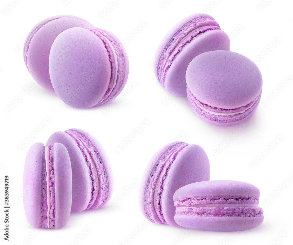 Isolated purple macaroons. Collection of two blueberry or blackberry macarons isolated on white back