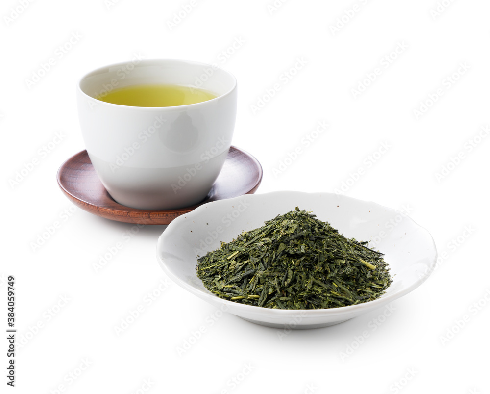 Green tea and tea leaves on a white background