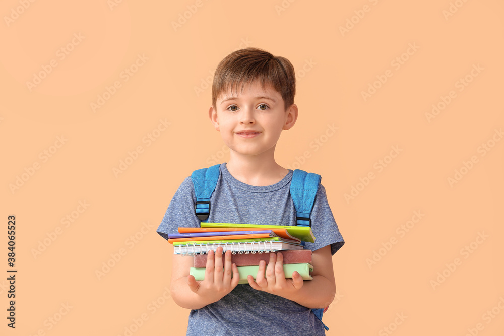 Little schoolboy with books on color background