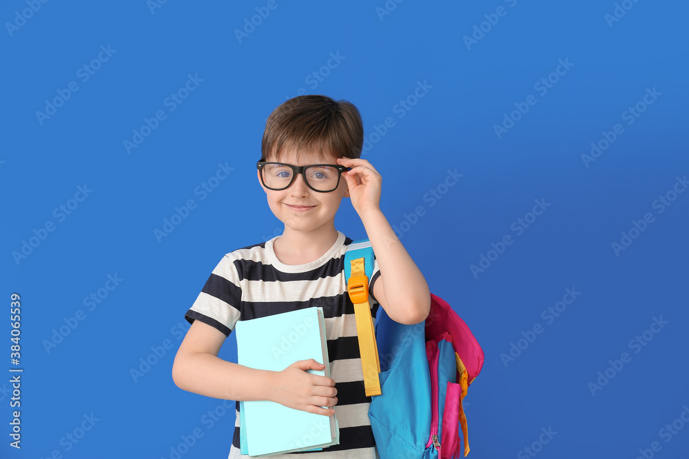 Little schoolboy on color background