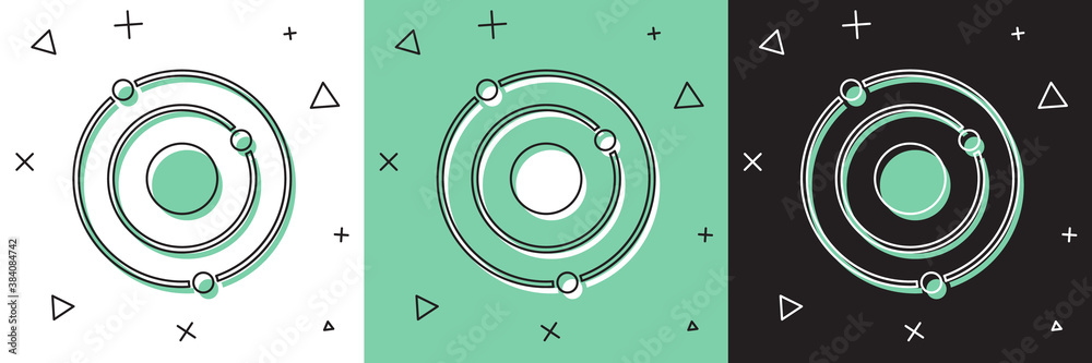 Set Solar system icon isolated on white and green, black background. The planets revolve around the 