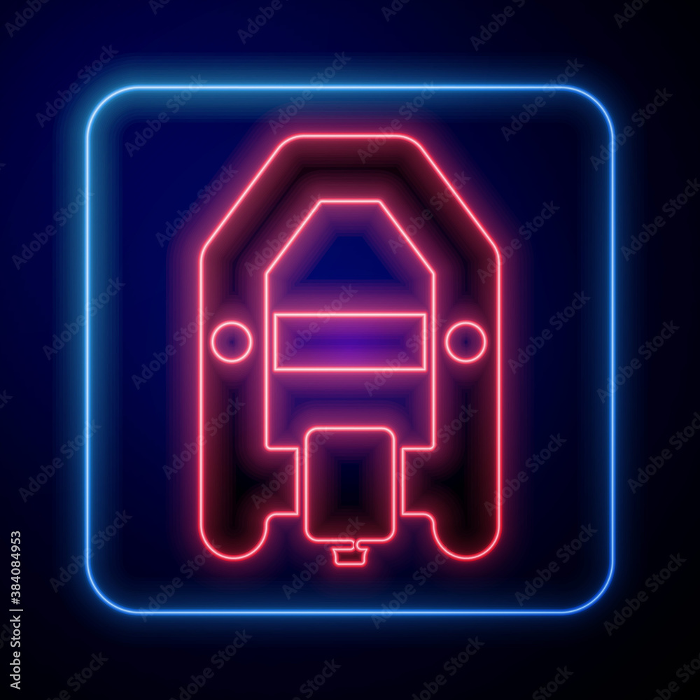 Glowing neon Rafting boat icon isolated on blue background. Inflatable boat with paddles. Water spor