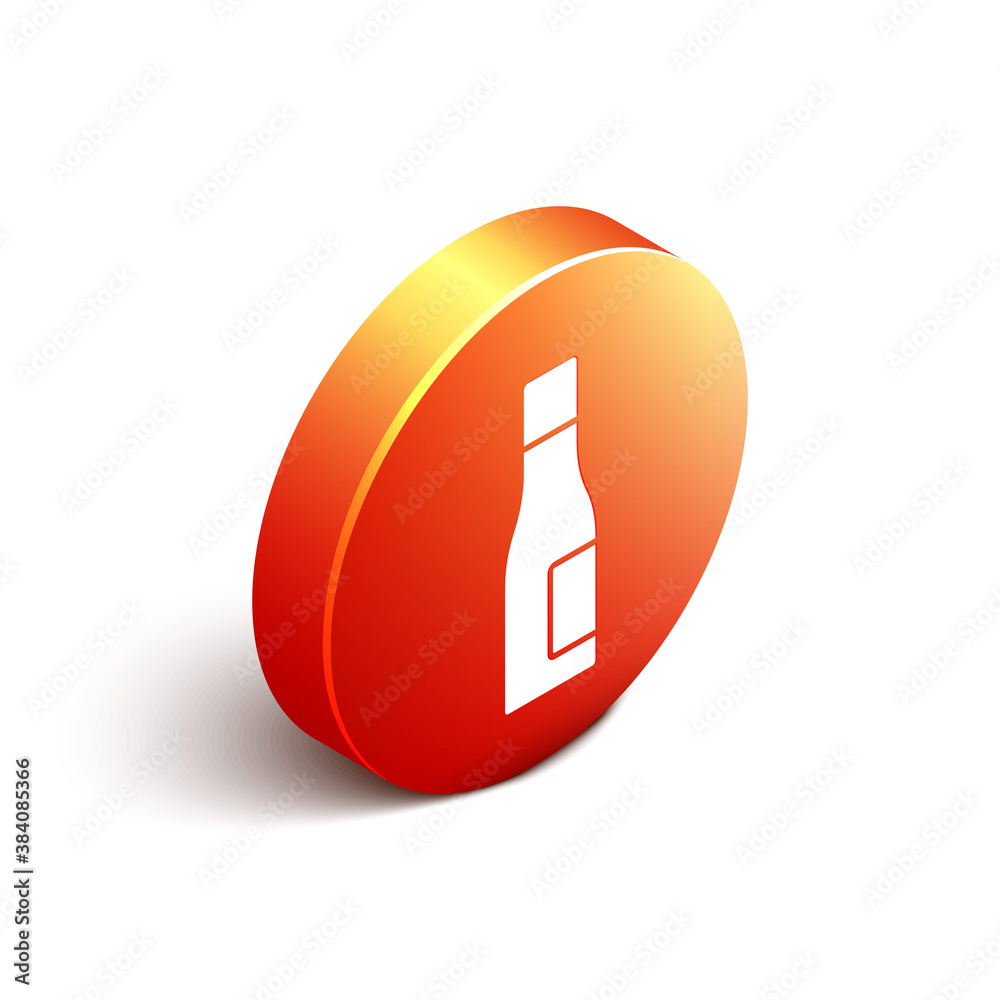 Isometric Bottle of water icon isolated on white background. Soda aqua drink sign. Orange circle but