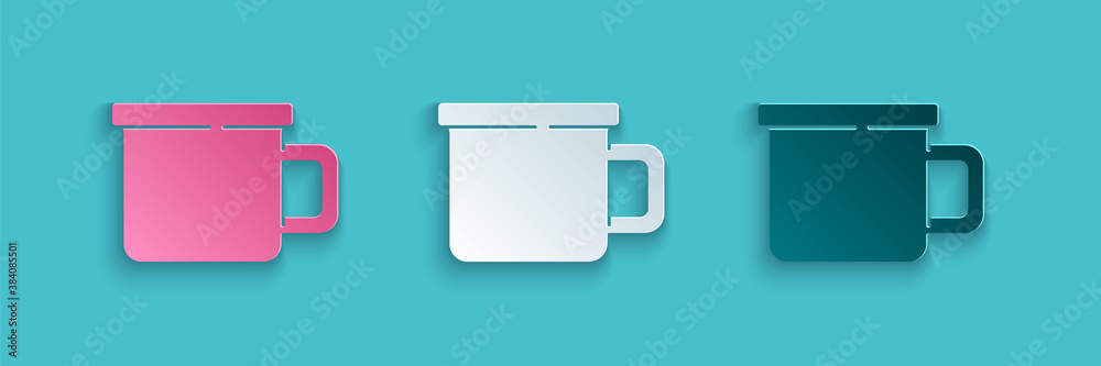 Paper cut Camping metal mug icon isolated on blue background. Paper art style. Vector.