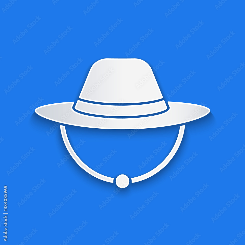 Paper cut Camping hat icon isolated on blue background. Beach hat panama. Explorer travelers hat for