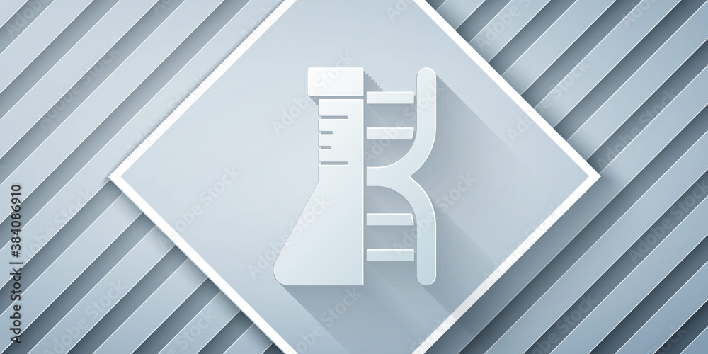 Paper cut DNA research, search icon isolated on grey background. Genetic engineering, genetics testi