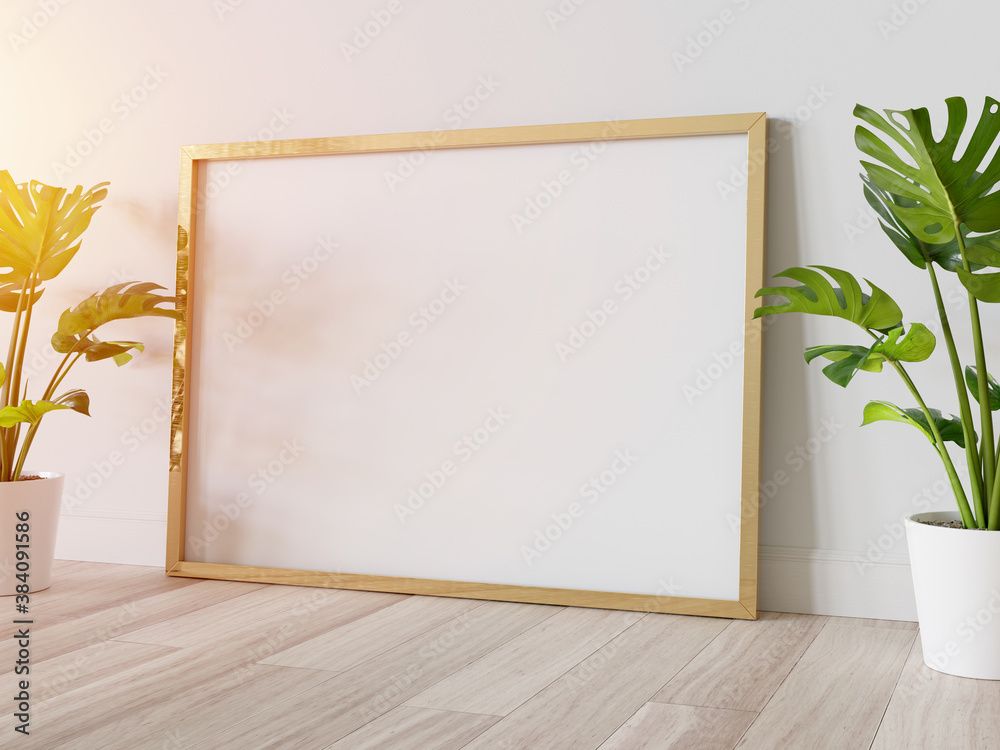 Golden frame leaning on floor in interior mockup. Template of a picture framed on a wall 3D renderin