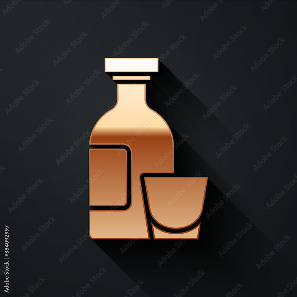 Gold Alcohol drink Rum bottle and glass icon isolated on black background. Long shadow style. Vector