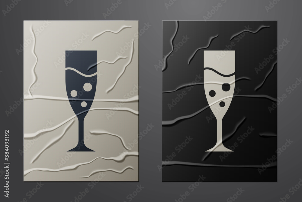 White Glass of champagne icon isolated on crumpled paper background. Paper art style. Vector.