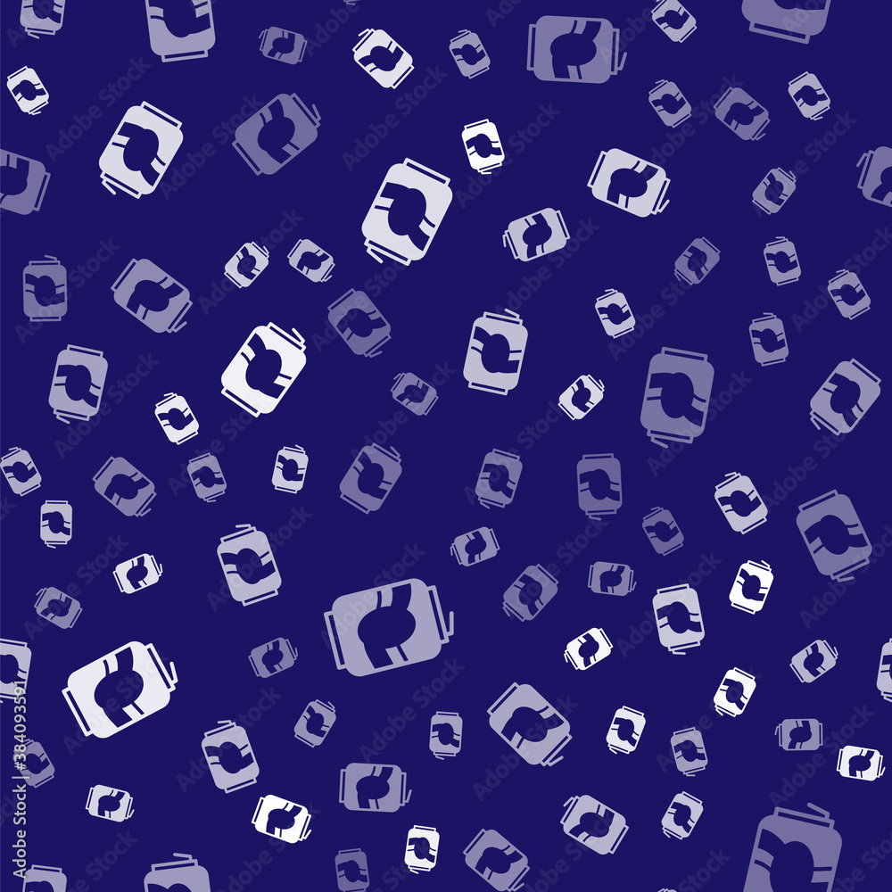 White Soda can icon isolated seamless pattern on blue background. Vector.