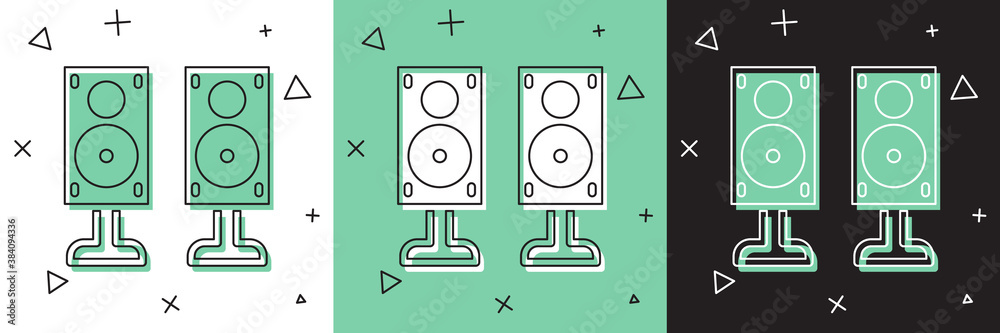 Set Stereo speaker icon isolated on white and green, black background. Sound system speakers. Music 