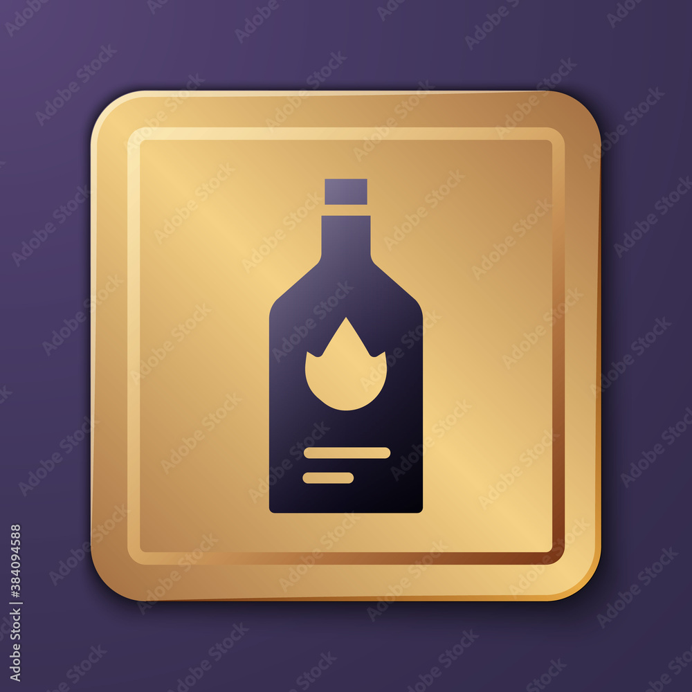 Purple Tabasco sauce icon isolated on purple background. Chili cayenne spicy pepper sauce. Gold squa