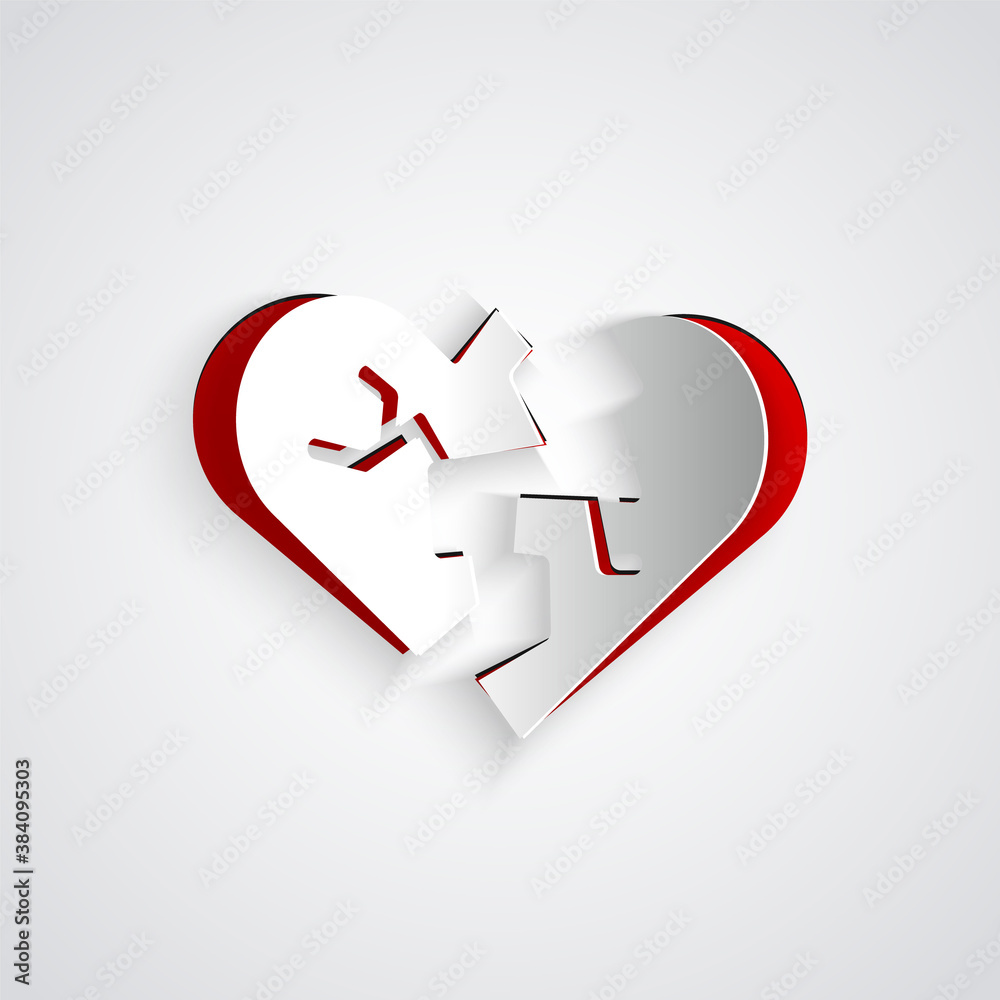 Paper cut Broken heart or divorce icon isolated on grey background. Love symbol. Valentines day. Pap